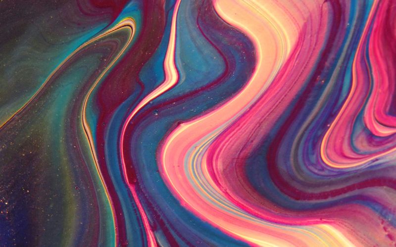 Lots of colourful swirls, purples, greens, blues.